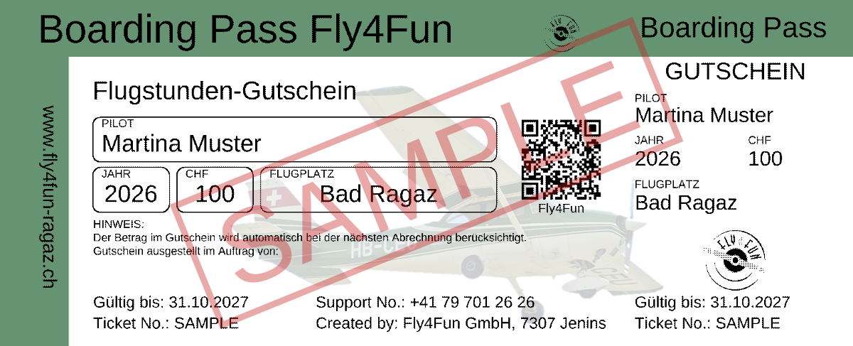 Fly4Fun boarding pass as a voucher, design «Flugstunden Gutschein Piloten», sample in the name of Martina Muster