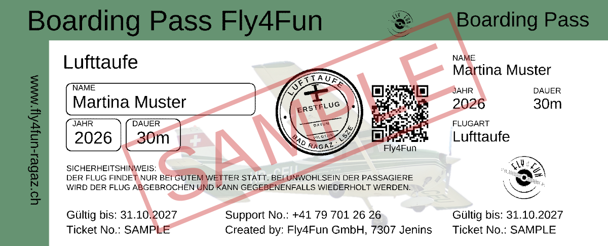 Fly4Fun boarding pass as a voucher, design «Lufttaufe», sample in the name of Martina Muster