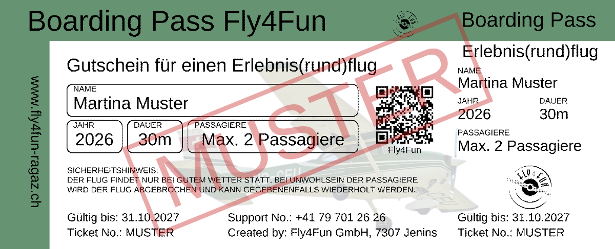 Boarding Pass von Fly4Fun als Gutschein, Motiv «Rundflug Gutschein», Muster auf den Namen Martina Muster