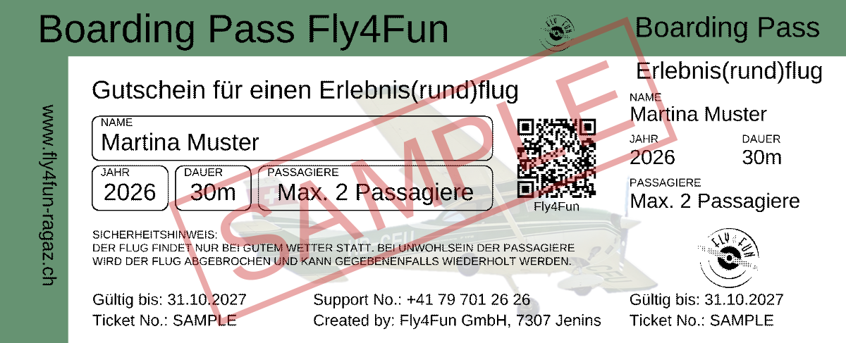 Fly4Fun boarding pass as a voucher, design «Rundflug Gutschein», sample in the name of Martina Muster