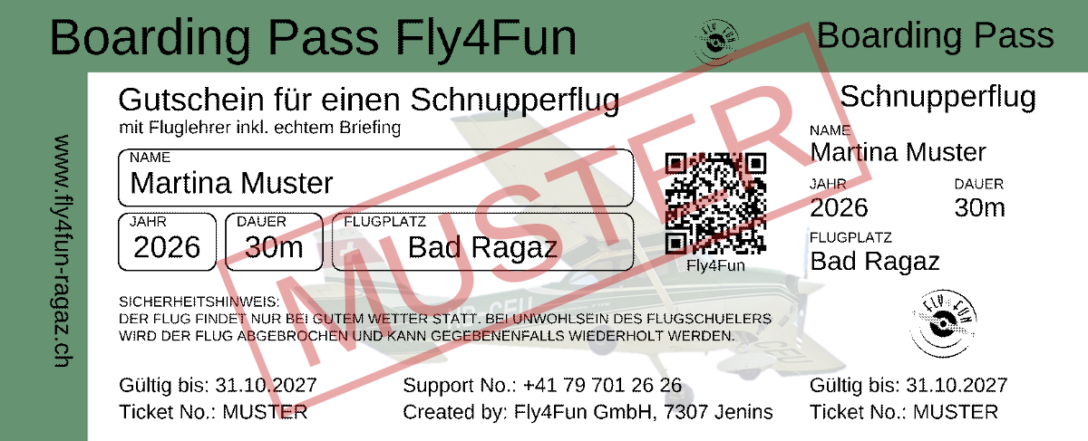 Boarding Pass von Fly4Fun als Gutschein, Motiv «Schnupperflug», Muster auf den Namen Martina Muster