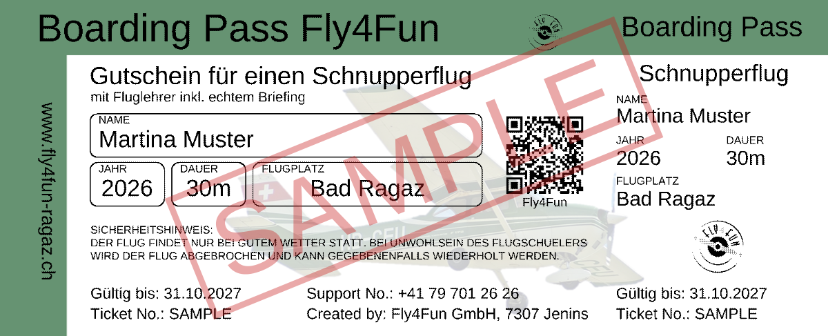 Fly4Fun boarding pass as a voucher, design «Schnupperflug», sample in the name of Martina Muster